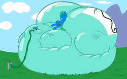 Size: 3500x2200 | Tagged: safe, artist:wydart, oc, oc only, oc:interrobang, oc:linework, belly, belly bed, high res, hose, huge butt, impossibly large belly, impossibly large butt, inflation, large butt, water inflation