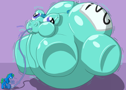Size: 2500x1800 | Tagged: safe, artist:wydart, oc, oc only, oc:interrobang, oc:linework, air inflation, air tank, belly, belly expansion, big belly, big eyes, bingo wings, butt, butt expansion, derp face, growth, hose, huge belly, huge butt, impossibly large belly, impossibly large butt, impossibly large everything, inflatable, inflated ears, inflated head, inflated hooves, inflation, large butt, sound effects, spherical inflation, stretched cutie mark, uber inflation