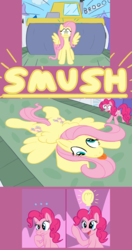 Size: 1800x3400 | Tagged: safe, artist:wydart, fluttershy, pinkie pie, earth pony, pegasus, pony, g4, canterlot, cartoon physics, comic, duo, female, flattened, flattening, mare, pinkie being pinkie, shape change, shocked, steam roller