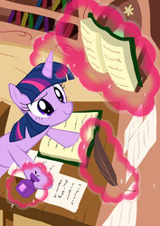 Size: 2480x3508 | Tagged: safe, artist:neoshrek, twilight sparkle, pony, unicorn, g4, book, female, golden oaks library, high res, magic, smiling, solo, studying, unicorn twilight