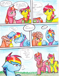 Size: 2552x3296 | Tagged: safe, artist:tristanjsolarez, applejack, big macintosh, rainbow dash, tex, earth pony, pony, comic:trans ponies, g4, applejack's hat, clothes, cowboy hat, hat, high res, male, nose wrinkle, rainbow blitz, rule 63, scarf, snorting, stallion, traditional art