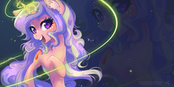Size: 3464x1732 | Tagged: safe, artist:wilvarin-liadon, oc, oc only, oc:lavender blush, pony, unicorn, commission, female, freckles, glowing horn, horn, lavender blush, magic, mare, open mouth, raised hoof, smiling, solo