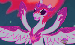 Size: 341x205 | Tagged: safe, color edit, edit, edited screencap, editor:watermelon changeling, screencap, daybreaker, alicorn, pony, a royal problem, g4, animated, color cycling, colored, cropped, female, gif, party hard, solo, talking, wat