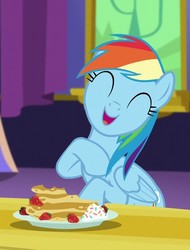 Size: 521x684 | Tagged: safe, screencap, rainbow dash, pegasus, pony, castle sweet castle, g4, cropped, cute, dashabetes, eyes closed, female, food, happy, mare, open mouth, pancakes, sitting, solo, strawberry