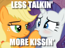 Size: 827x610 | Tagged: safe, applejack, rarity, earth pony, pony, unicorn, g4, blushing, duo, female, image macro, imminent kissing, lesbian, mare, meme, ship:rarijack, shipping