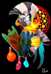 Size: 600x866 | Tagged: safe, artist:ii-art, zecora, zebra, g4, black background, ear piercing, female, mask, piercing, potion, simple background, smiling, solo, watermark