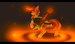 Size: 3400x2000 | Tagged: safe, artist:nightskrill, oc, oc only, pony, unicorn, clothes, commission, female, glowing horn, high res, horn, looking back, magic, mare, rear view, solo, sword, weapon