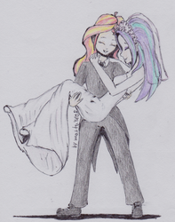 Size: 1140x1446 | Tagged: safe, artist:marta4708, aria blaze, sunset shimmer, equestria girls, g4, bridal carry, clothes, dress, female, human coloration, lesbian, ship:sunblaze, shipping, traditional art, wedding dress