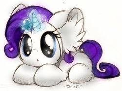 Size: 1024x764 | Tagged: safe, artist:rainbowshine94, rarity, pony, unicorn, g4, :o, chibi, cute, ear fluff, female, gem, glowing horn, horn, looking at something, magic, mare, open mouth, prone, raribetes, solo, telekinesis