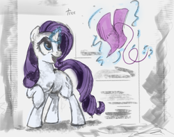 Size: 2502x1973 | Tagged: safe, artist:thefloatingtree, rarity, pony, unicorn, g4, colored sketch, fabric, female, glowing horn, horn, magic, mare, raised hoof, sewing, smiling, solo