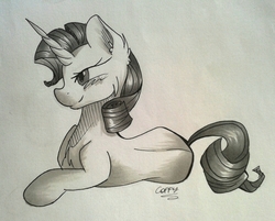 Size: 1354x1088 | Tagged: safe, artist:coffytacotuesday, rarity, pony, g4, female, monochrome, prone, solo, traditional art