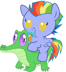 Size: 836x917 | Tagged: safe, artist:red4567, bow hothoof, gummy, pegasus, pony, g4, parental glideance, baby, baby pony, bow hothoof riding gummy, bowabetes, cute, pacifier, ponies riding gators, riding, simple background, white background