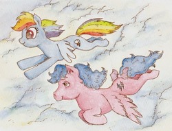 Size: 800x612 | Tagged: safe, artist:daisymane, firefly, rainbow dash, pegasus, pony, g1, g4, bow, cloud, colored pupils, duo, female, flying, generational ponidox, mare, smiling, spread wings, tail bow, traditional art, wings