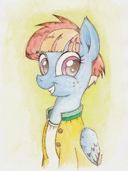 Size: 603x800 | Tagged: safe, artist:daisymane, windy whistles, pegasus, pony, g4, clothes, female, freckles, grin, looking at you, mare, mother, smiling, solo, traditional art