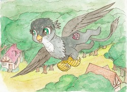 Size: 800x581 | Tagged: safe, artist:daisymane, gabby, griffon, g4, the fault in our cutie marks, clubhouse, crusaders clubhouse, female, flying, forest, house, smiling, solo, traditional art, tree