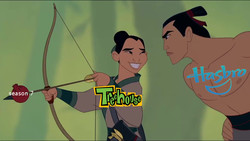 Size: 1280x720 | Tagged: safe, edit, pony, g4, season 7, angry, arrow, barely pony related, bow (weapon), bow and arrow, fa mulan, fire, hasbro, i'll make a man out of you, li shang, meme, metaphor, mulan, treehouse tv, weapon