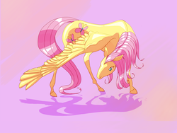 Size: 1024x768 | Tagged: safe, artist:chronodia, fluttershy, pegasus, pony, g4, female, solo, spread wings, standing, style emulation, the last unicorn, turned head, wings