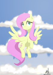 Size: 1240x1754 | Tagged: safe, artist:digiral, fluttershy, pony, g4, cloud, female, floating, lineless, looking away, looking up, no pupils, sky, solo, spread wings, turned head, wings