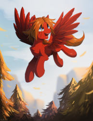 Size: 986x1280 | Tagged: safe, artist:hioshiru, oc, oc only, oc:mile high, pegasus, pony, flying, male, mountain, sky, solo, stallion, tree, ych result
