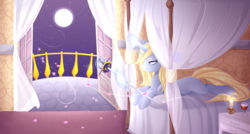 Size: 4800x2579 | Tagged: safe, artist:scarlet-spectrum, oc, oc only, pony, unicorn, balcony, bedroom, commission, female, full moon, glowing horn, high res, horn, magic, mare, moon, night, prone, rapier, smiling, solo, sword, weapon