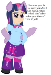 Size: 837x1222 | Tagged: safe, artist:adlaz, twilight sparkle, hybrid, g4, abomination, bipedal, chubby, clothes, equestria girls outfit, fat, female, implied vore, simple background, solo, sphinxlight sparkle, twipred, white background