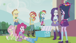 Size: 1136x638 | Tagged: safe, screencap, applejack, fluttershy, pinkie pie, rainbow dash, rarity, sci-twi, spike, spike the regular dog, sunset shimmer, twilight sparkle, dog, equestria girls, equestria girls specials, g4, my little pony equestria girls: dance magic, boots, clothes, disappointed, female, glasses, humane five, humane seven, humane six, mary janes, polka dot socks, ponytail, sad, sci-twi outfits, socks, teletoon