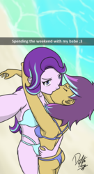 Size: 700x1300 | Tagged: safe, artist:deltalima, starlight glimmer, oc, equestria girls, g4, beach, bikini, canon x oc, clothes, female, kissing, lesbian, looking at you, selfie, snapchat, swimsuit