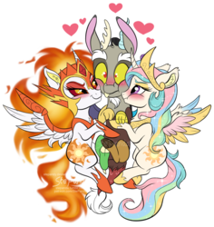 Size: 1024x1083 | Tagged: safe, artist:stepandy, daybreaker, discord, princess celestia, alicorn, draconequus, pony, a royal problem, blushing, chibi, crown, cute, cutelestia, diabreaker, disbreaker, discute, dislestia, duality, ear fluff, female, heart, helmet, jewelry, male, mare, regalia, scrunchy face, shipping, simple background, smiling, spread wings, squishy cheeks, straight, transparent background, watermark, wings