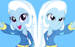Size: 1336x848 | Tagged: artist needed, safe, edit, trixie, equestria girls, g4, blue background, clothes, duality, female, hoodie, simple background, solo