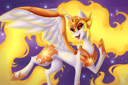 Size: 3000x2000 | Tagged: safe, artist:monogy, daybreaker, alicorn, pony, a royal problem, g4, fangs, female, helmet, high res, lidded eyes, looking at you, mane of fire, mare, open mouth, smiling, solo