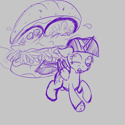 Size: 1280x1280 | Tagged: safe, artist:yakoshi, twilight sparkle, alicorn, pony, g4, burger, food, hay burger, monochrome, nightmare, scared, simple background, sketch, twilight burgkle, twilight sparkle (alicorn), underhoof