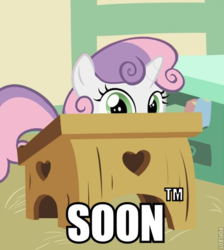 Size: 500x558 | Tagged: safe, edit, edited screencap, screencap, sweetie belle, pony, unicorn, g4, cropped, desk, female, filly, image macro, looking at you, meme, solo, soon