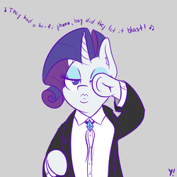 Size: 1280x1280 | Tagged: safe, artist:yakoshi, rarity, pony, g4, bolo tie, clothes, dancing, ear fluff, female, frog (hoof), pulp fiction, simple background, solo, suit, underhoof