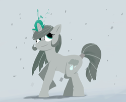 Size: 957x779 | Tagged: safe, artist:kobayen, oc, oc only, oc:ashen winter, pony, unicorn, female, gray background, happy, looking up, magic, mare, raised hoof, simple background, smiling, solo