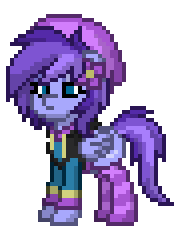Size: 180x240 | Tagged: safe, oc, oc only, oc:thunder flower, pegasus, pony, pony town, clothes, eyeshadow, female, flower, flower in hair, hat, hoodie, lidded eyes, makeup, mare, pixel art, simple background, socks, solo, sprite, striped socks, white background