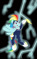Size: 800x1280 | Tagged: safe, artist:theroyalprincesses, rainbow dash, zapp, pegasus, pony, g4, clothes, female, lightning, necklace, open mouth, pendant, power ponies, solo, superhero