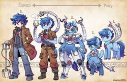 Size: 1600x1035 | Tagged: safe, artist:shepherd0821, oc, oc only, oc:techno blue, human, pony, unicorn, anthro, semi-anthro, anthro chart, anthro oc, anthro with ponies, bipedal, broken horn, colored pupils, commission, cute, horn, humanized, humanized oc, male, mecha, robotic arm, solo, stallion