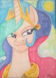 Size: 1893x2603 | Tagged: safe, artist:sasuke419, princess celestia, pony, g4, bust, crown, female, jewelry, peytral, portrait, regalia, solo, sun, traditional art