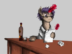 Size: 1141x862 | Tagged: safe, artist:dreamingnoctis, oc, oc only, oc:quilling spree, pony, unicorn, alcohol, desk, glass, glasses, gray background, ice cube, magic, paper, pen, simple background, solo