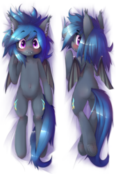 Size: 2000x3000 | Tagged: safe, artist:hoodie, oc, oc only, oc:starfall, bat pony, pony, semi-anthro, blushing, body pillow, body pillow design, butt, explicit source, fangs, featureless crotch, female, high res, mare, plot, solo, underhoof
