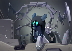 Size: 3507x2480 | Tagged: safe, artist:underpable, oc, oc only, oc:gear works, cyborg, earth pony, pony, fanfic:iron hearts, augmentation, chaos, cloak, clothes, commission, crossover, dark mechanicus, fanfic, fanfic art, glowing eyes, heresy, high res, iron warriors, machinery, mask, robotic arm, servo arm, solo, techpriest, warhammer (game), warhammer 40k