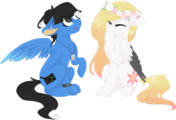 Size: 3000x2048 | Tagged: safe, artist:cinnamontee, oc, oc only, oc:ember (cinnamontee), oc:sonica, butterfly, pegasus, pony, female, flower, flower in hair, high res, mare, simple background, sitting, transparent background