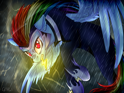 Size: 1024x768 | Tagged: safe, artist:wolfchen999, rainbow dash, zapp, pegasus, pony, g4, clothes, female, mare, mouth hold, necklace, pendant, power ponies, rain, signature, solo, superhero