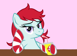 Size: 542x394 | Tagged: safe, artist:dosey--doe, oc, oc only, oc:fresh roast, pony, clothes, female, looking at you, mare, pink background, simple background, smug, smug wendy's, socks, solo, striped socks, wendy's