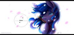 Size: 1487x720 | Tagged: safe, artist:midnightsix3, artist:rakikubit, oc, oc only, oc:nyreen eventide, pony, bow (instrument), collaboration, petals, simple background, solo, violin bow, white background