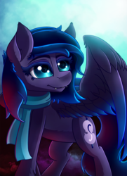 Size: 1084x1500 | Tagged: safe, artist:midnightsix3, oc, oc only, oc:nyreen eventide, pony, clothes, cute, cute little fangs, fangs, scarf, solo, spread wings, wings