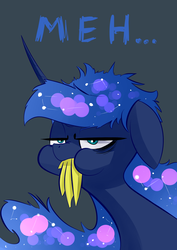 Size: 2480x3507 | Tagged: safe, artist:underpable, princess luna, alicorn, pony, a royal problem, g4, banana, eating, female, floppy ears, food, herbivore, high res, looking at you, mare, meh, missing accessory, simple background, solo, tired