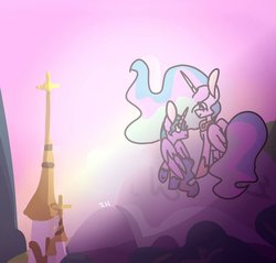 Size: 900x860 | Tagged: safe, artist:healingstreet, princess celestia, oc, oc:velvet shade, alicorn, pony, kindverse, g4, alicorn oc, crossover, female, looking at each other, male, mother and son, offspring, parent:good king sombra, parent:king sombra, parent:princess celestia, parents:celestibra, the lion king