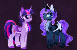 Size: 1881x1230 | Tagged: safe, artist:magnaluna, princess luna, twilight sparkle, alicorn, pony, g4, alternate design, cheek fluff, chest fluff, coat markings, colored wings, colored wingtips, crown, curved horn, duo, ear fluff, female, fluffy, galaxy mane, horn, jewelry, leg fluff, looking at you, mare, purple background, regalia, simple background, smiling, swirly markings, twilight sparkle (alicorn), wing fluff, wingding eyes