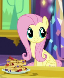 Size: 508x617 | Tagged: safe, screencap, fluttershy, pegasus, pony, castle sweet castle, g4, my little pony: friendship is magic, c:, cropped, cute, female, folded wings, food, looking away, mare, pancakes, shyabetes, sitting, smiling, solo